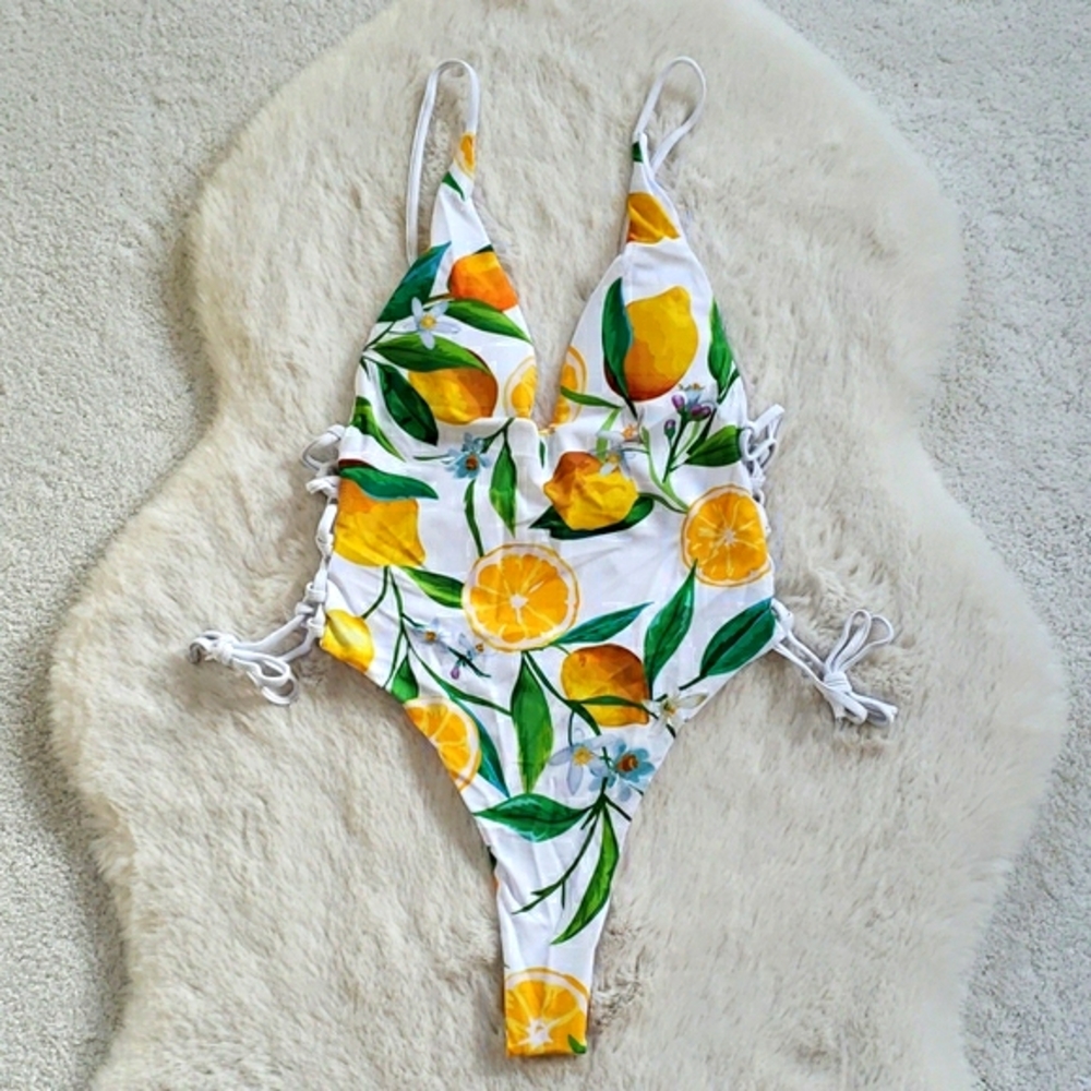 Lemon π Print Side Lace Thong Back One-piece Swim - Picture 6 of 8